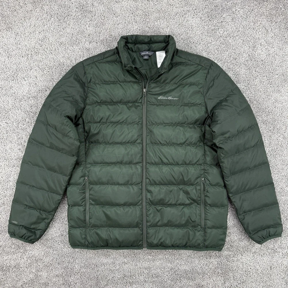 Eddie Bauer EB650 Down Jacket Men's L Green Puffer Quilted Full Zip